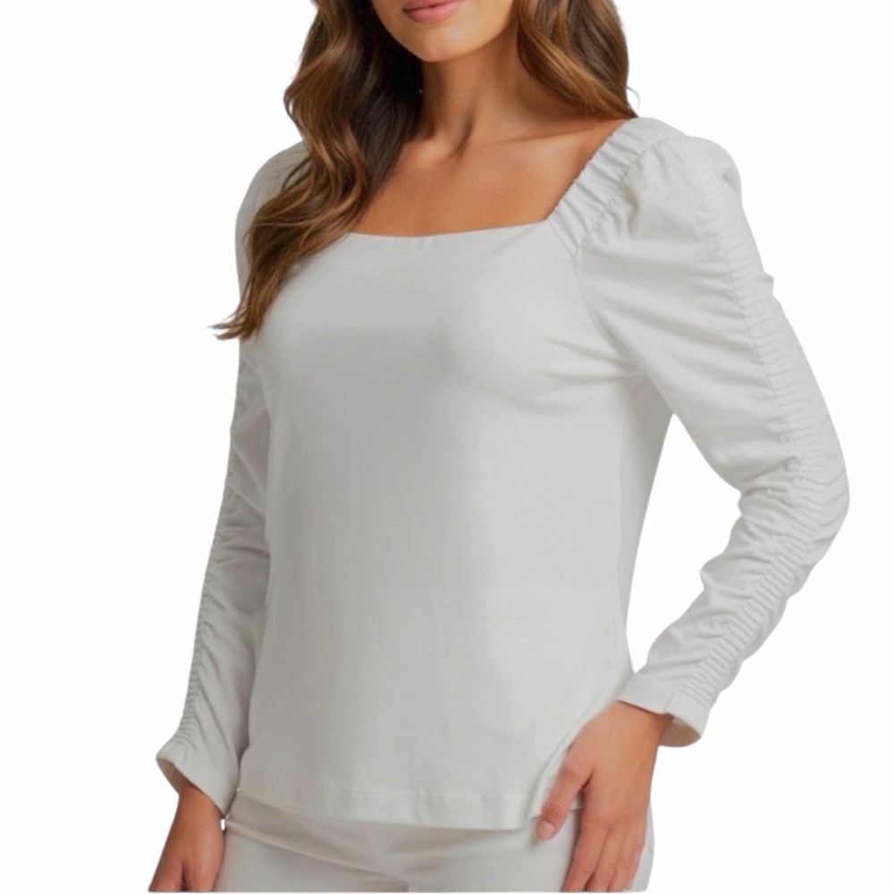 Lilly Pulitzer White Knit Top L Square Neck Ruched Sleeve Boho Romantic Blouse